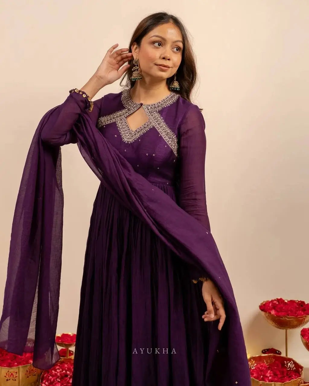 Thread Work Vichitra Silk Anarkali Set with Dupatta
