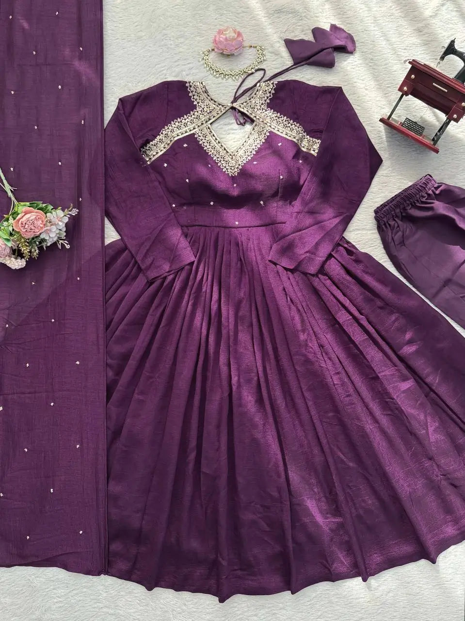 Thread Work Vichitra Silk Anarkali Set with Dupatta