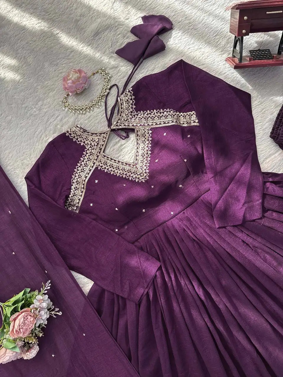 Thread Work Vichitra Silk Anarkali Set with Dupatta