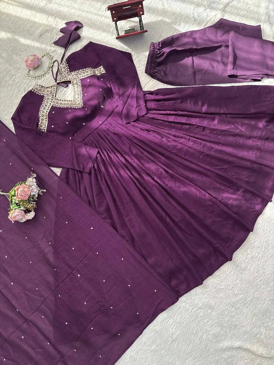 Thread Work Vichitra Silk Anarkali Set with Dupatta