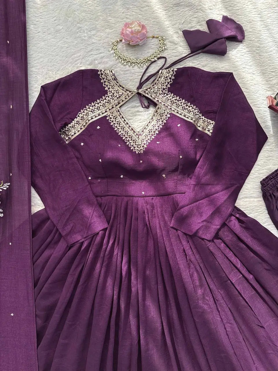 Thread Work Vichitra Silk Anarkali Set with Dupatta