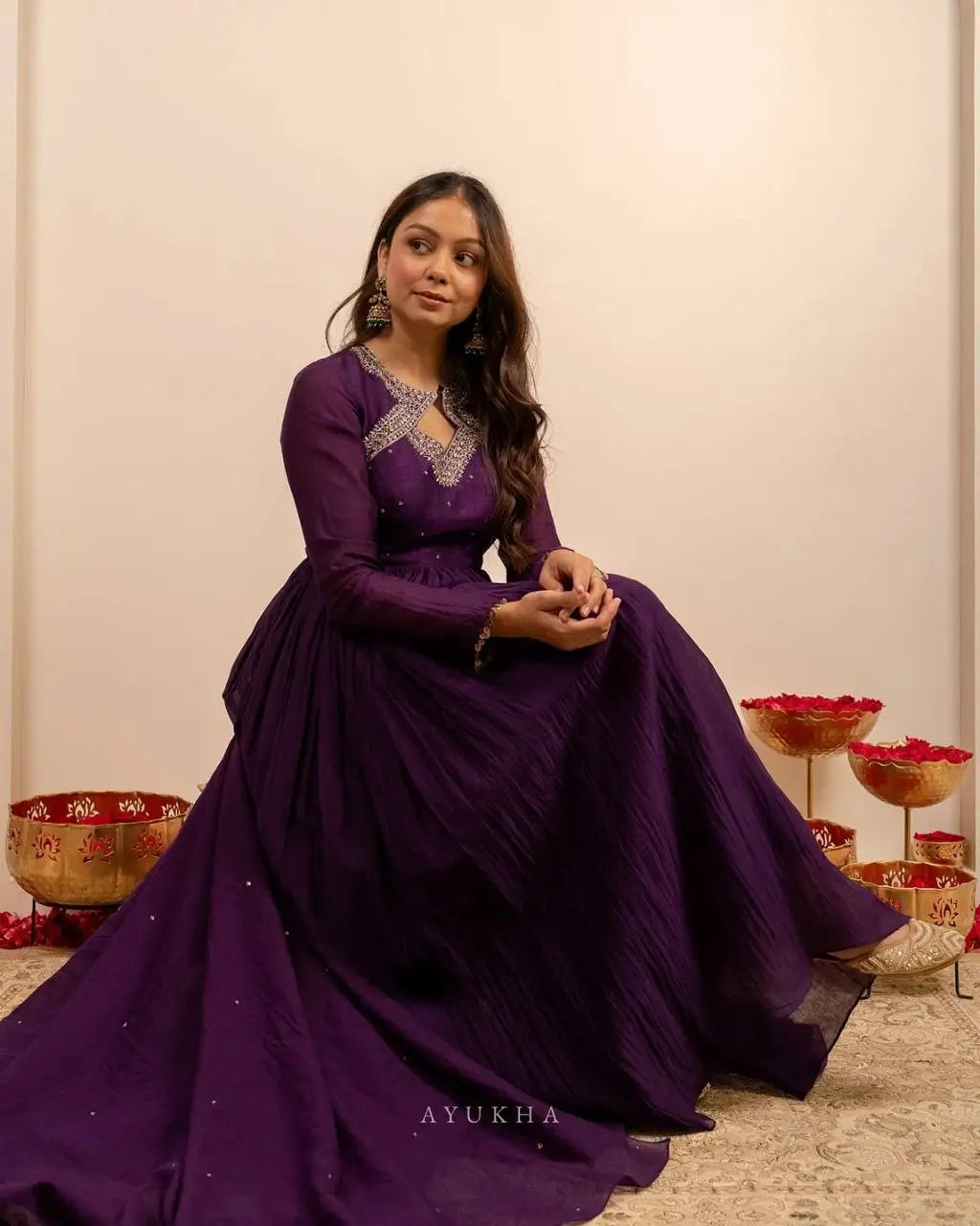 Thread Work Vichitra Silk Anarkali Set with Dupatta