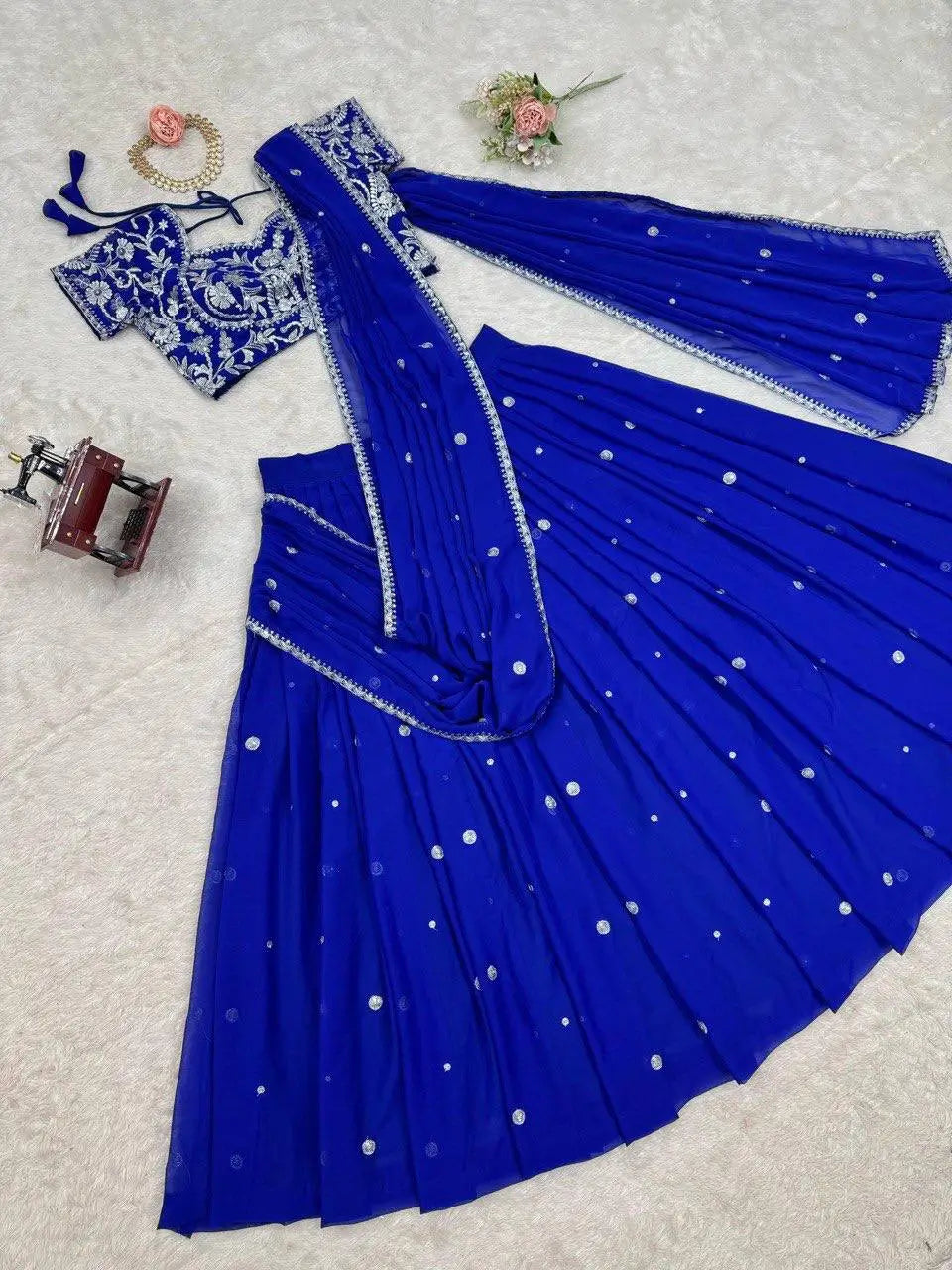 Thread and Sequin Work Georgette Lehenga Saree Set