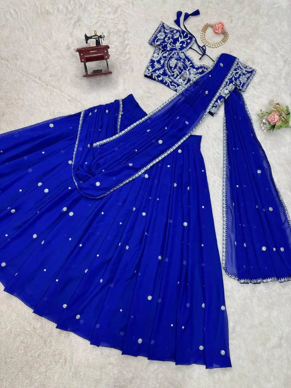 Thread and Sequin Work Georgette Lehenga Saree Set