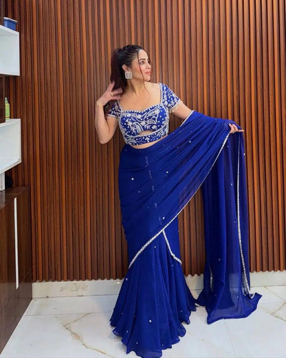 Thread and Sequin Work Georgette Lehenga Saree Set