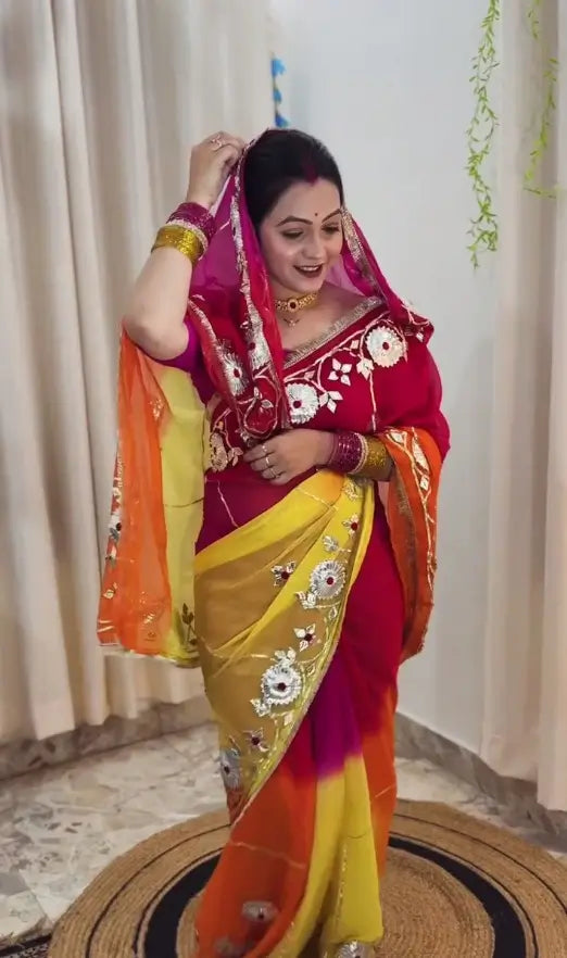 Traditional Bandhani Style Chiffon Saree with Gota patti Work