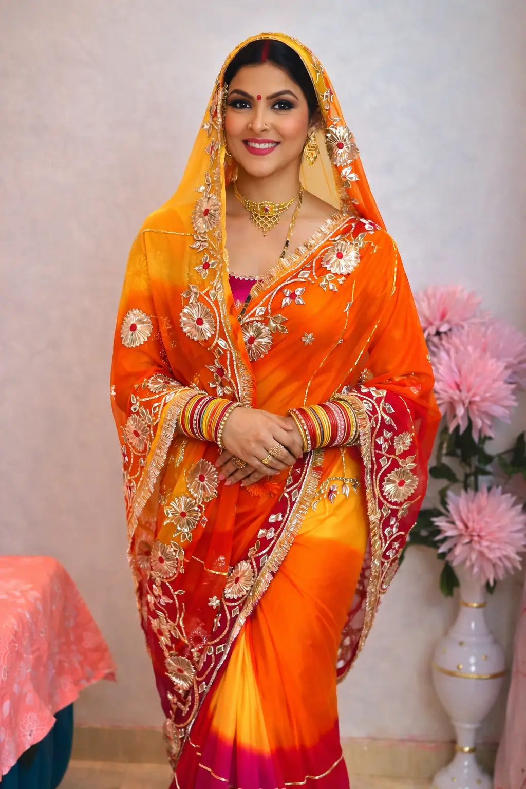 Traditional Bandhani Style Chiffon Saree with Gota patti Work