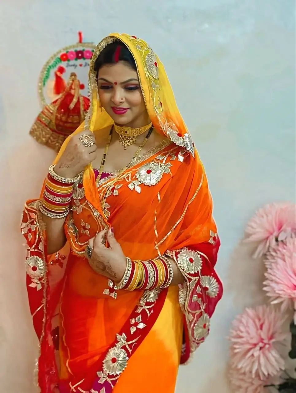 Traditional Bandhani Style Chiffon Saree with Gota patti Work