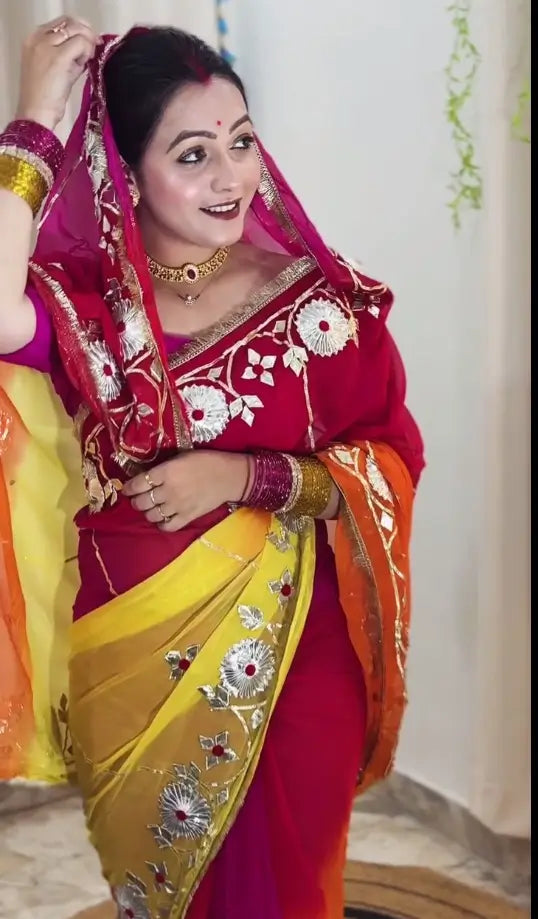 Traditional Bandhani Style Chiffon Saree with Gota patti Work