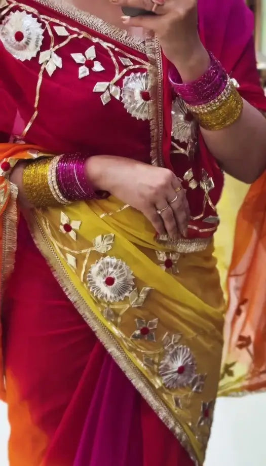 Traditional Bandhani Style Chiffon Saree with Gota patti Work