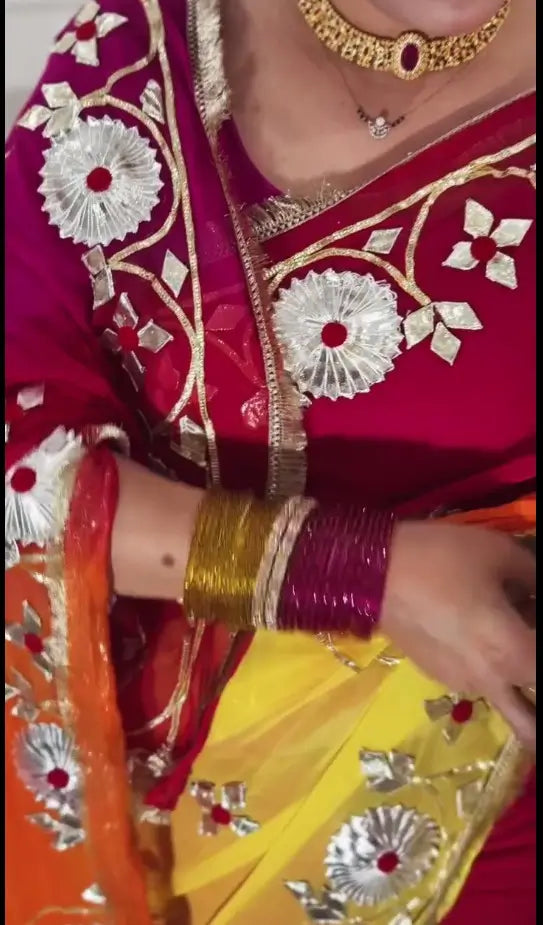 Traditional Bandhani Style Chiffon Saree with Gota patti Work