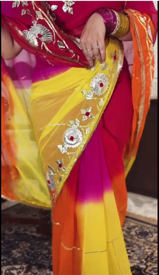 Traditional Bandhani Style Chiffon Saree with Gota patti Work