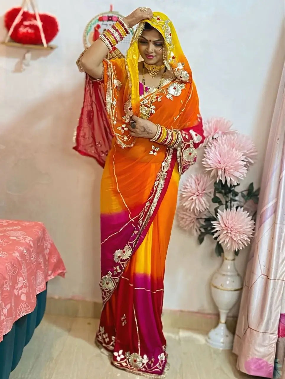 Traditional Bandhani Style Chiffon Saree with Gota patti Work