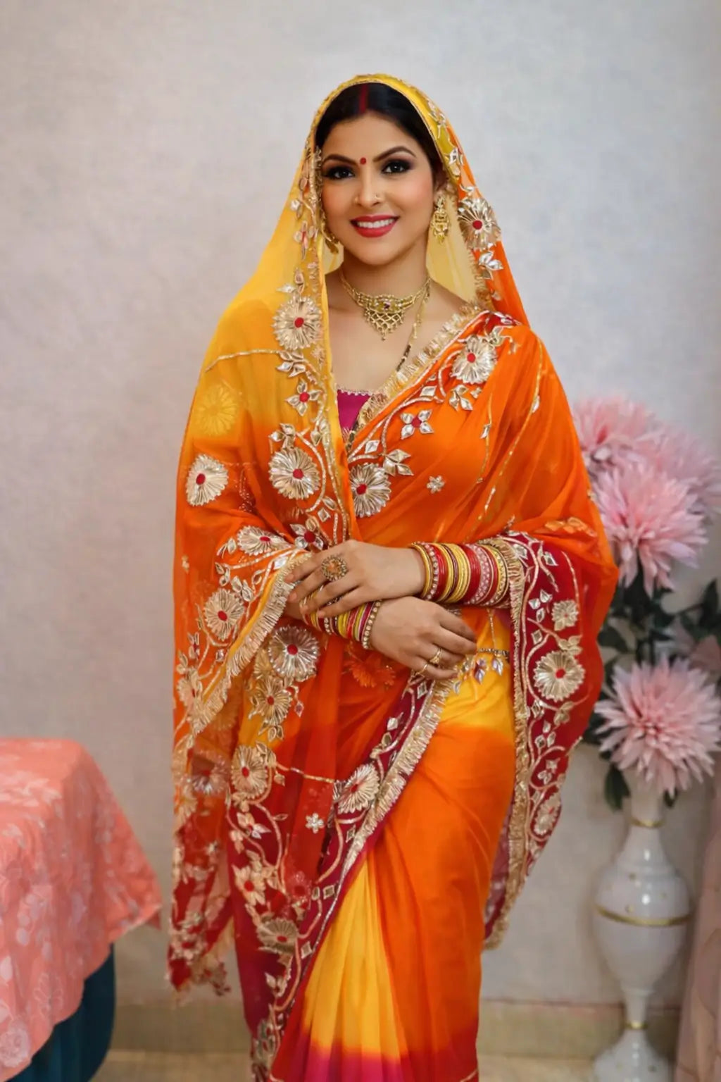 Traditional Bandhani Style Chiffon Saree with Gota patti Work