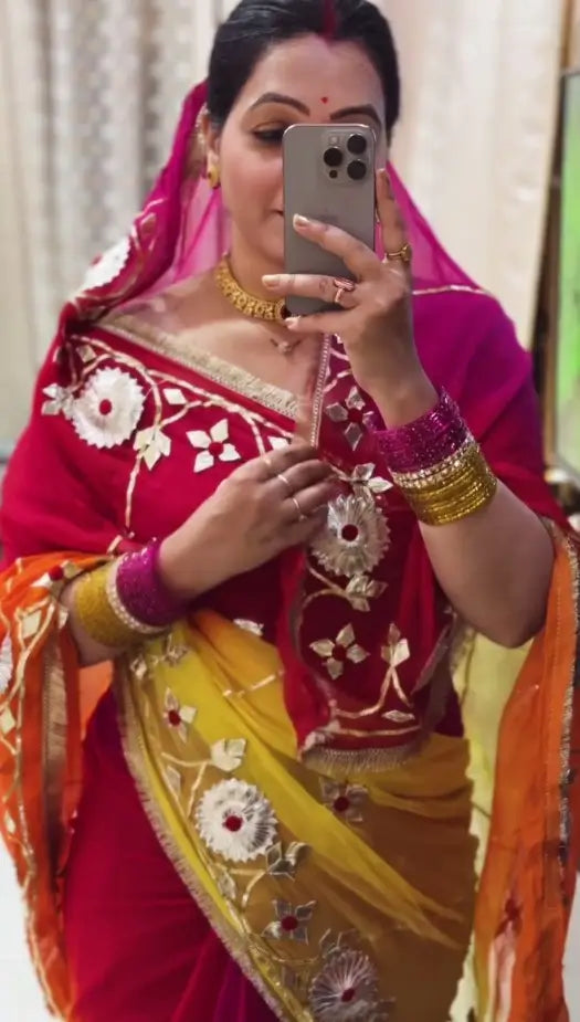 Traditional Bandhani Style Chiffon Saree with Gota patti Work