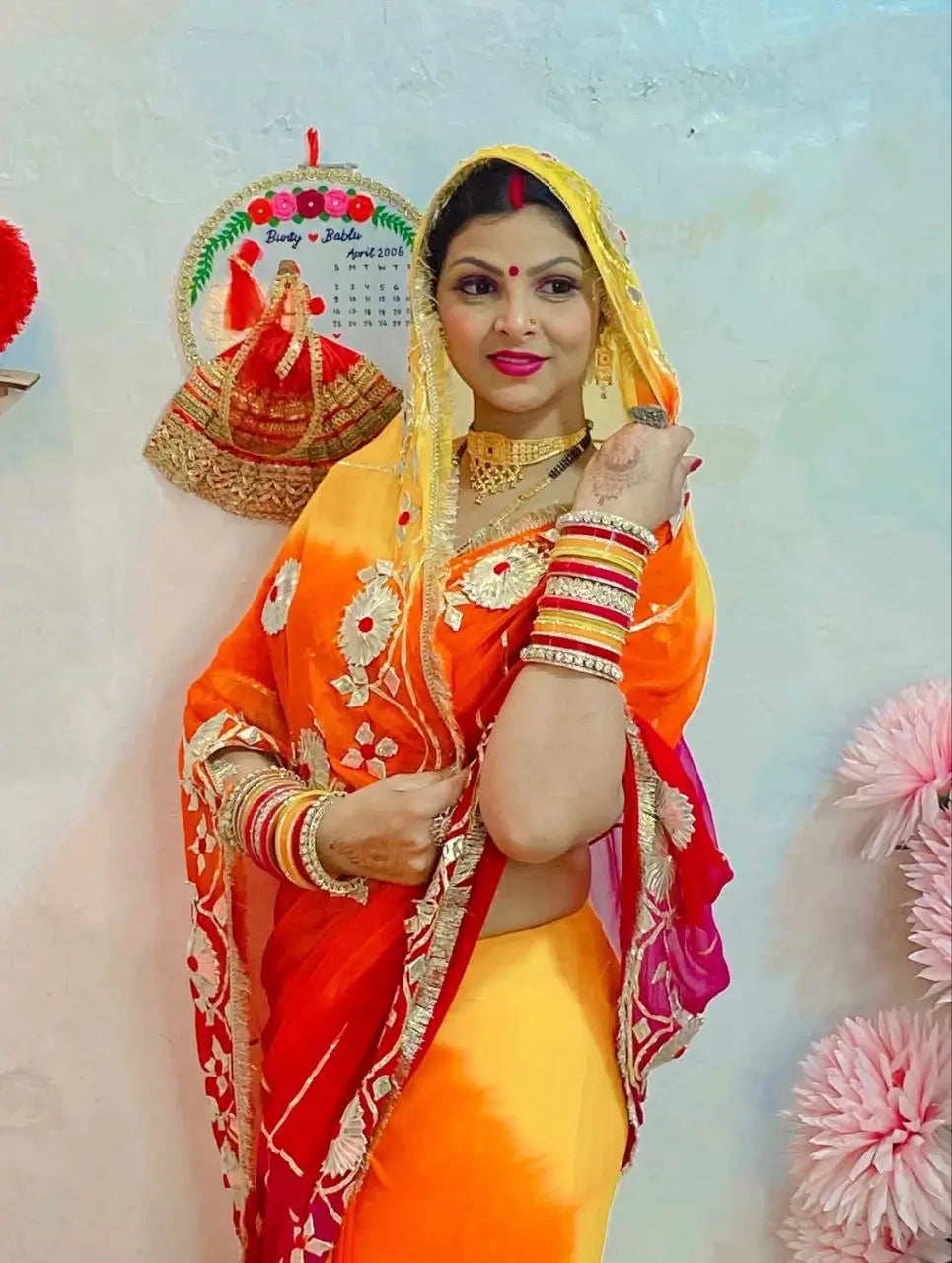 Traditional Bandhani Style Chiffon Saree with Gota patti Work
