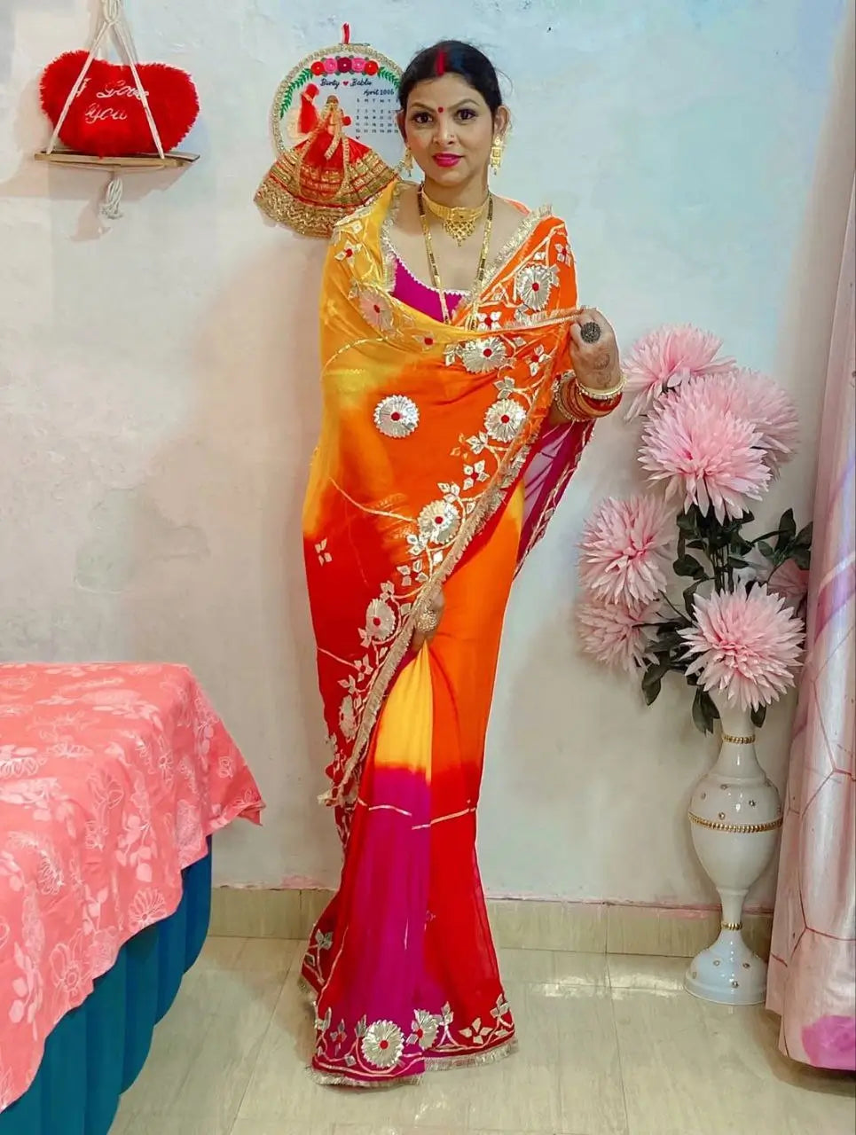 Traditional Bandhani Style Chiffon Saree with Gota patti Work