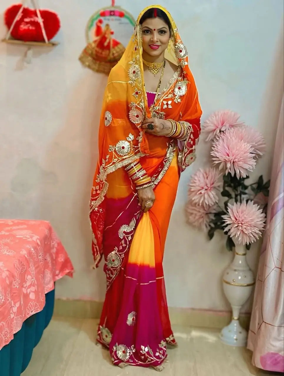 Traditional Bandhani Style Chiffon Saree with Gota patti Work