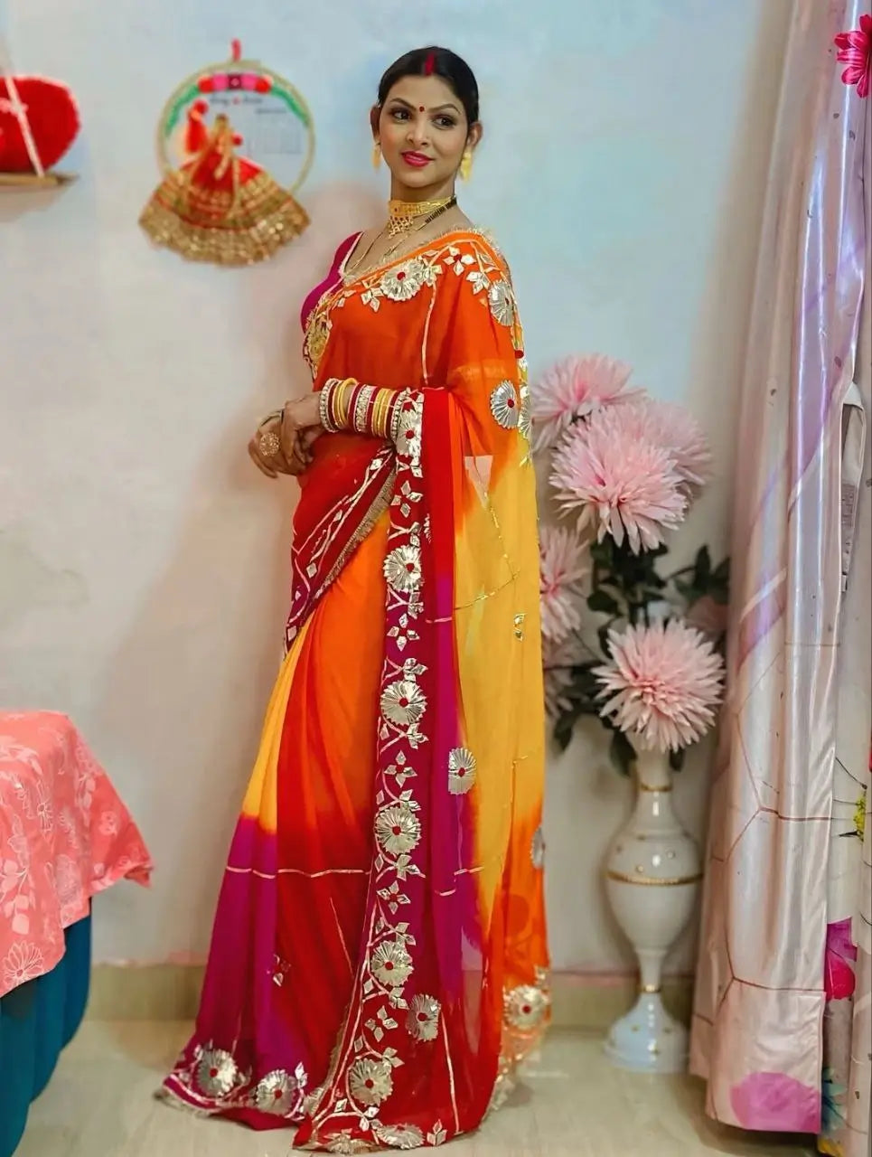 Traditional Bandhani Style Chiffon Saree with Gota patti Work