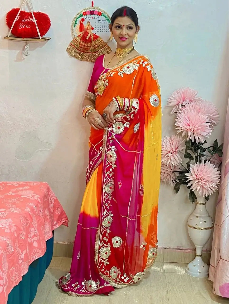 Traditional Bandhani Style Chiffon Saree with Gota patti Work