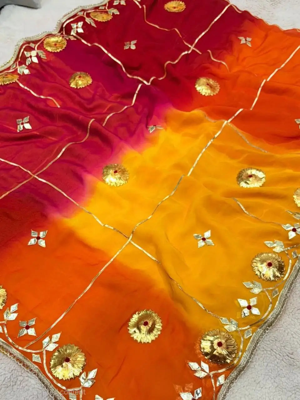 Traditional Bandhani Style Chiffon Saree with Gota patti Work