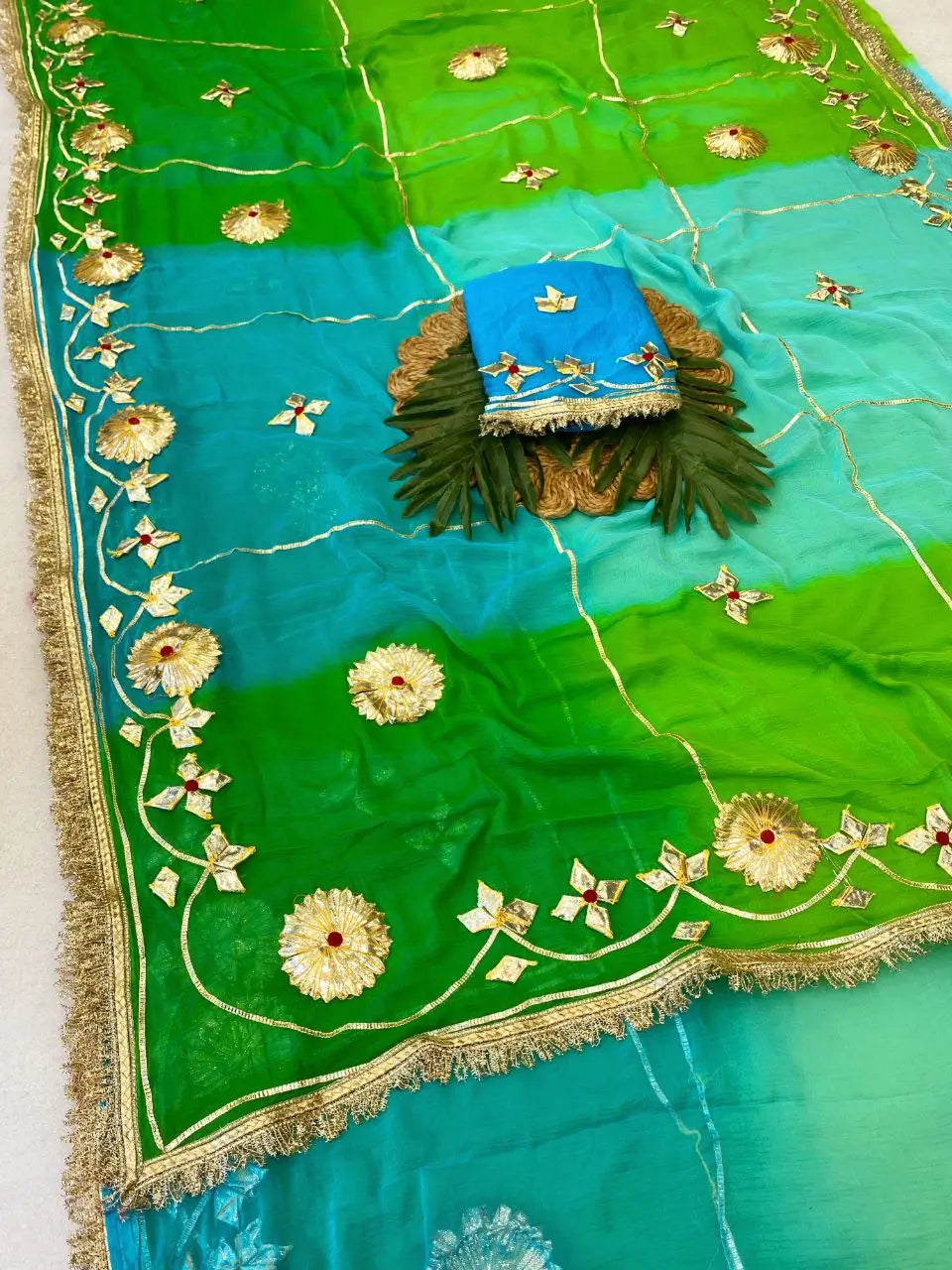 Traditional Bandhani Style Chiffon Saree with Gota patti Work