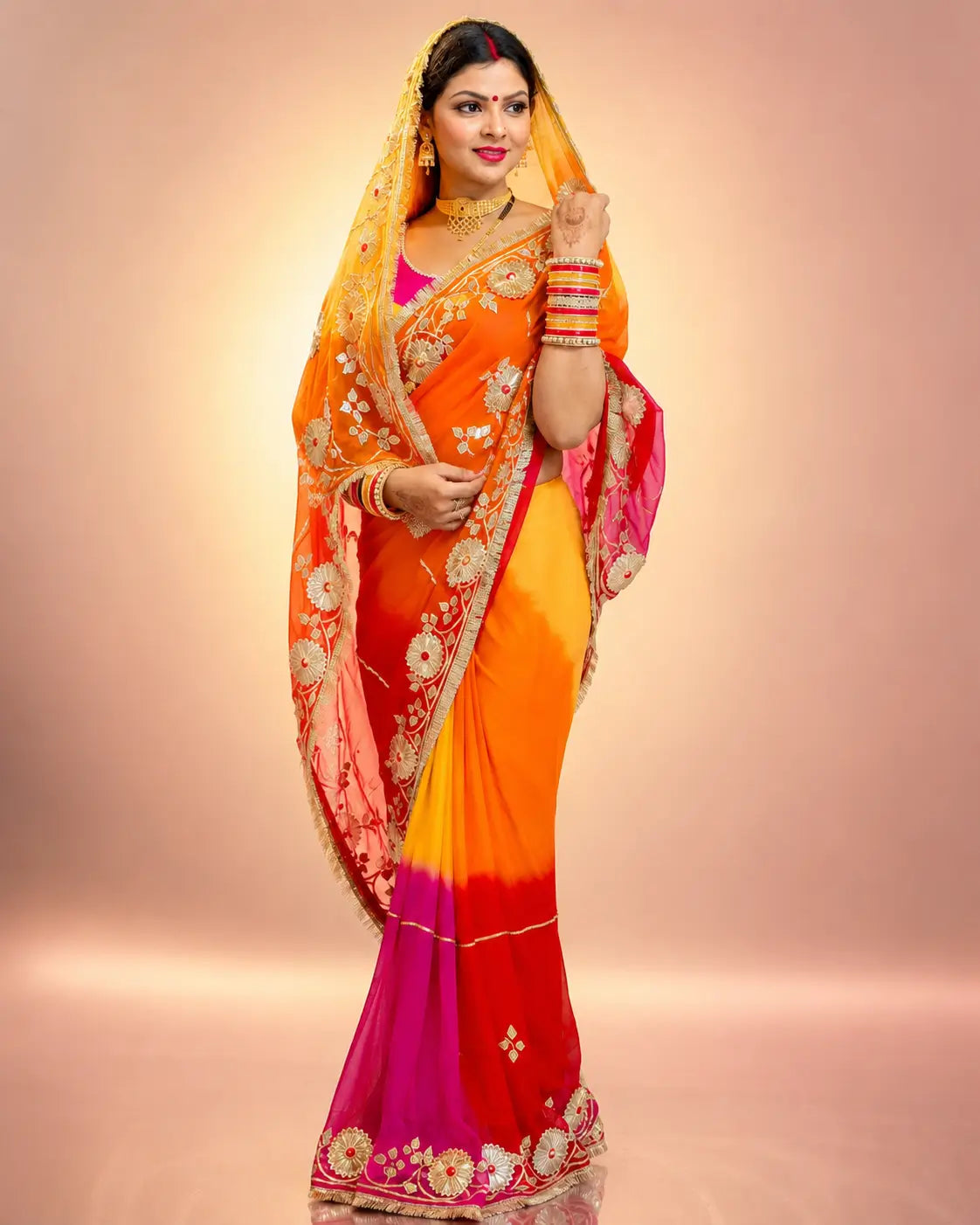 Traditional Bandhani Style Chiffon Saree with Gota patti Work
