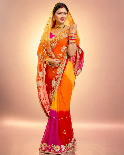 Traditional Bandhani Style Chiffon Saree with Gota patti Work