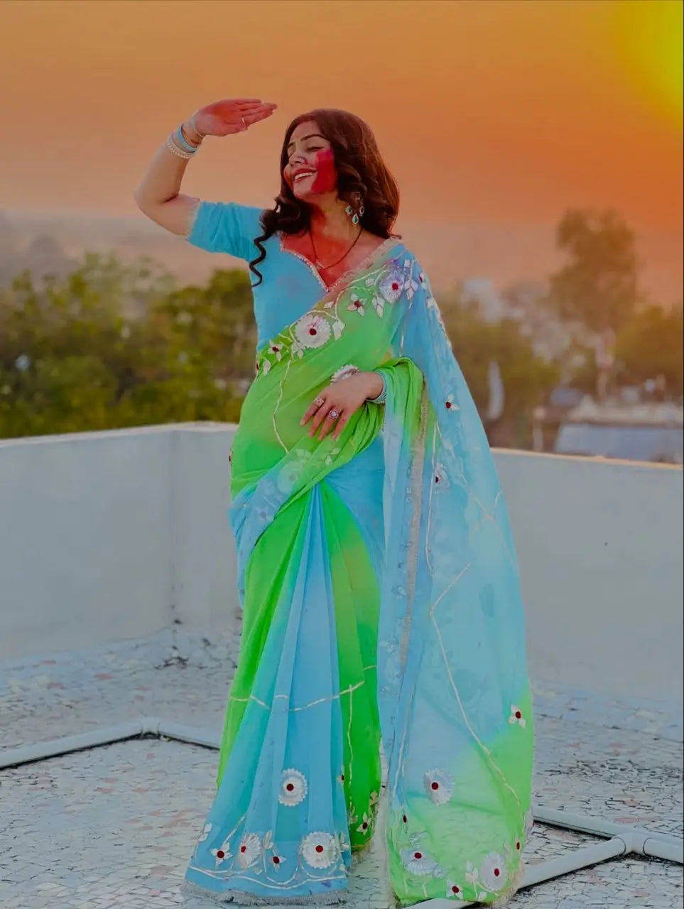Traditional Bandhani Style Chiffon Saree with Gota patti Work