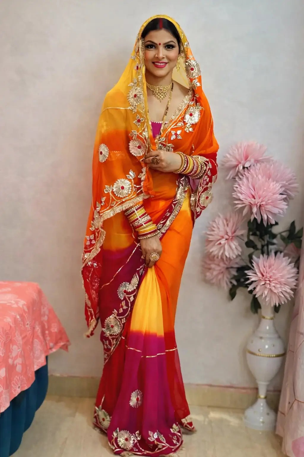 Traditional Bandhani Style Chiffon Saree with Gota patti Work