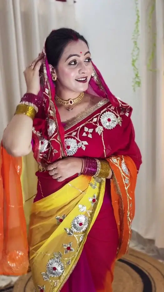 Traditional Bandhani Style Chiffon Saree with Gota patti Work