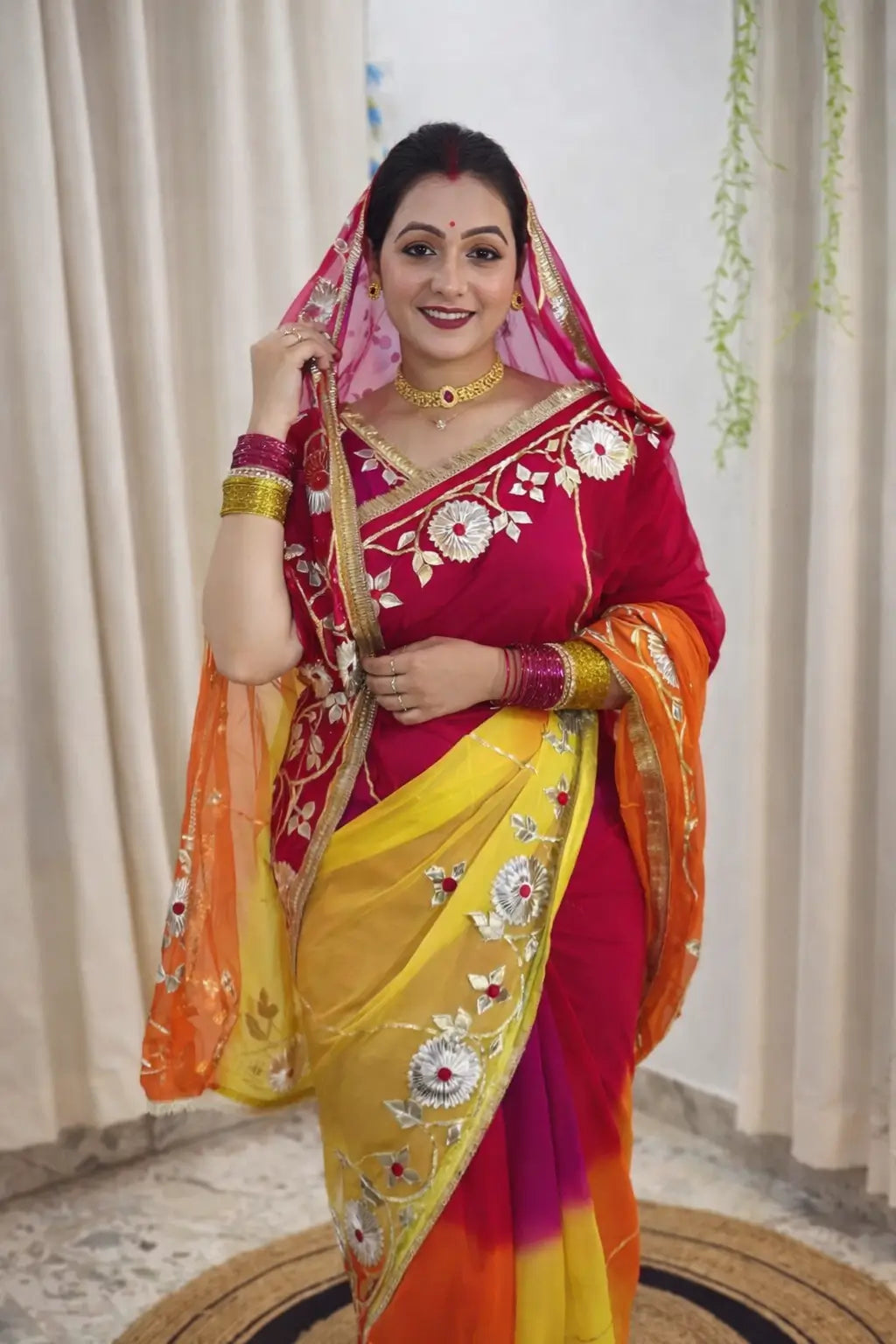 Traditional Bandhani Style Chiffon Saree with Gota patti Work