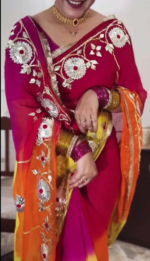 Traditional Bandhani Style Chiffon Saree with Gota patti Work