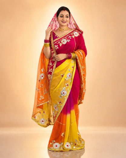 Traditional Bandhani Style Chiffon Saree with Gota patti Work
