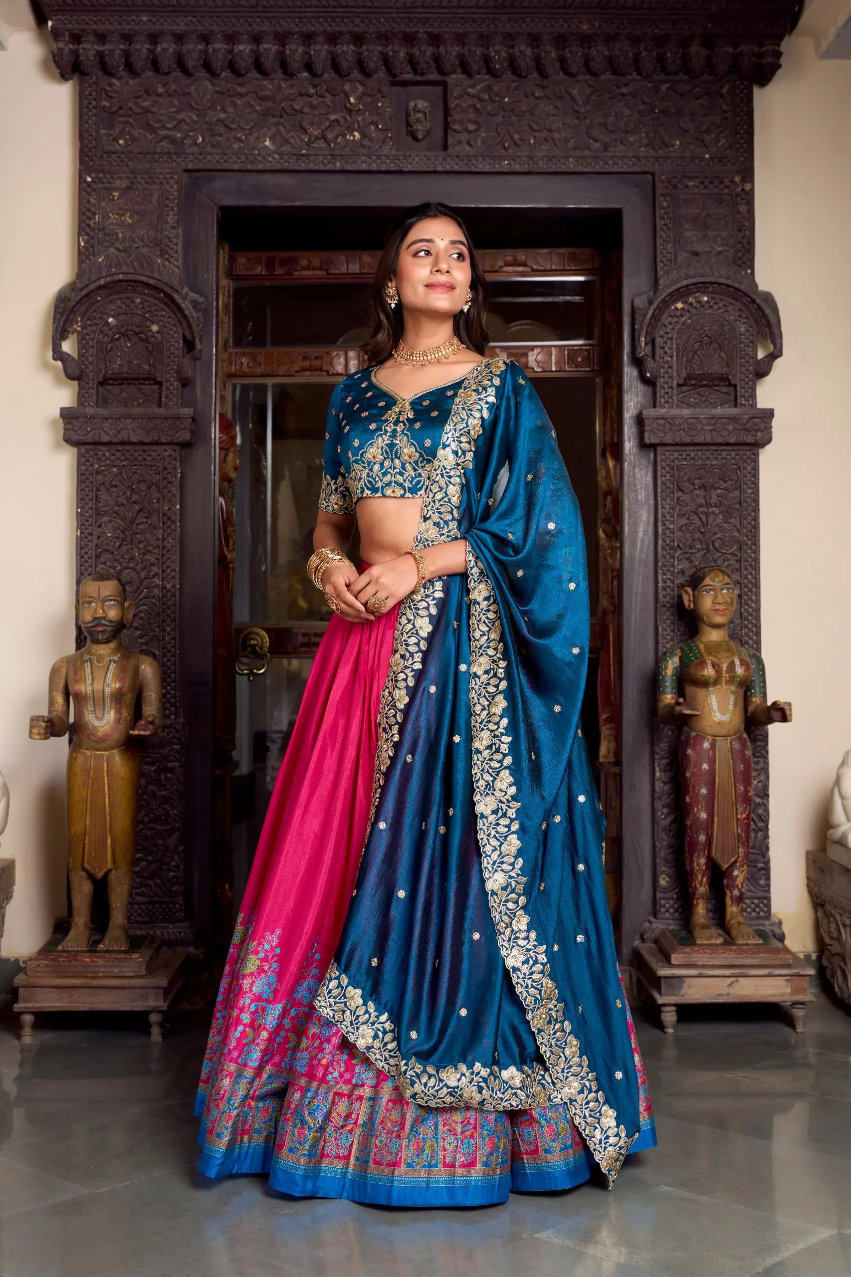 Tussar Silk Foil Work Lehenga Set with Embroidered Dupatta