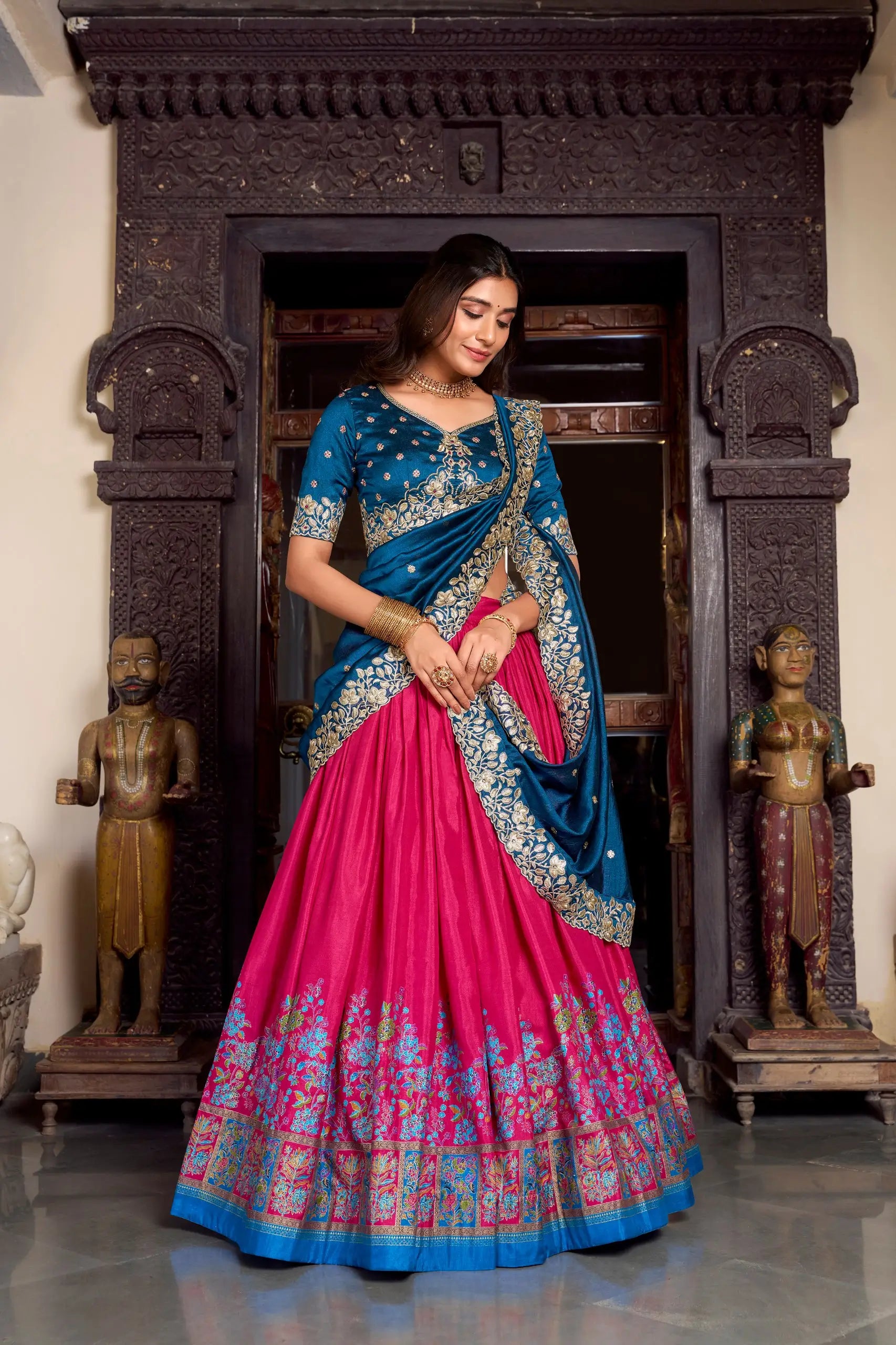 Tussar Silk Foil Work Lehenga Set with Embroidered Dupatta