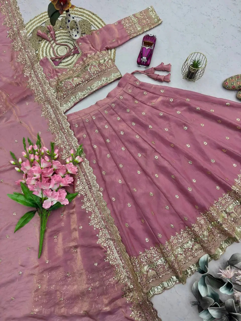 Two Tone Fandy Silk Embroidered Lehenga Choli Set for Wedding and Festive Wear