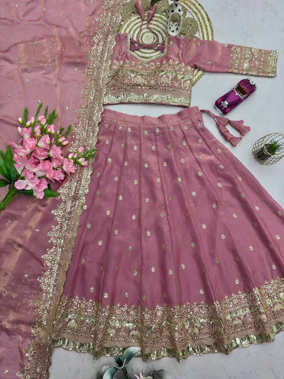 Two Tone Fandy Silk Embroidered Lehenga Choli Set for Wedding and Festive Wear