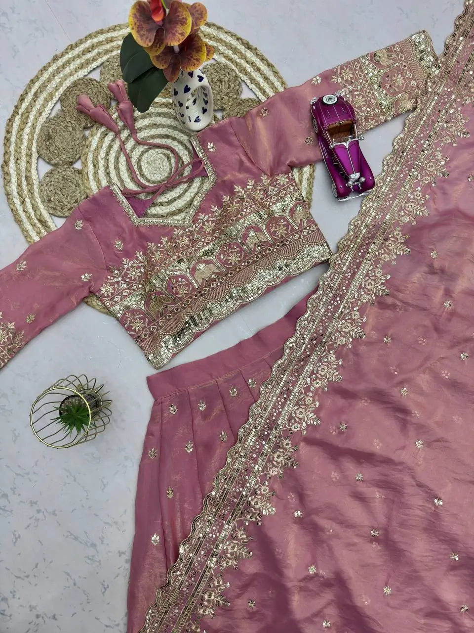 Two Tone Fandy Silk Embroidered Lehenga Choli Set for Wedding and Festive Wear