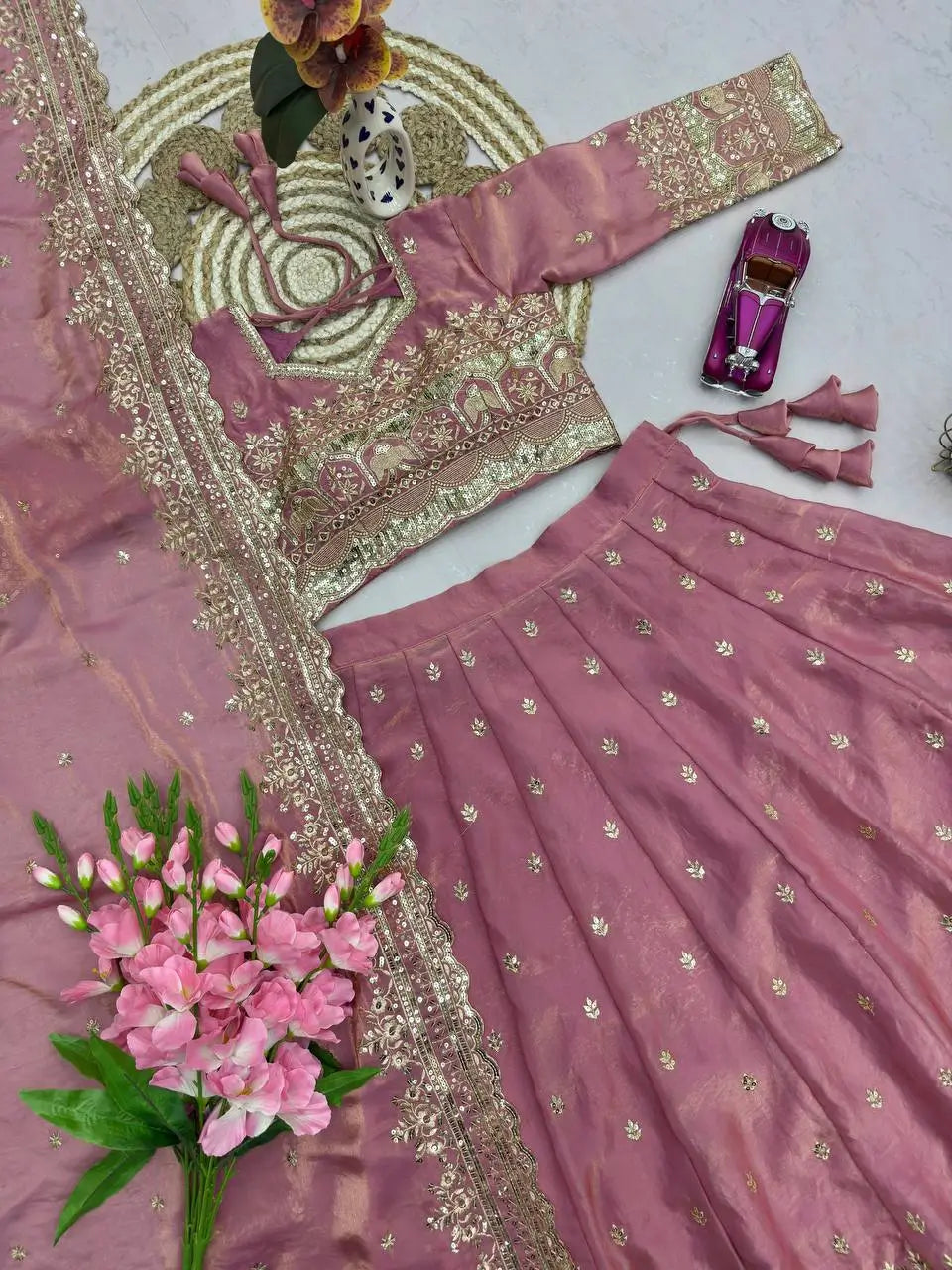 Two Tone Fandy Silk Embroidered Lehenga Choli Set for Wedding and Festive Wear