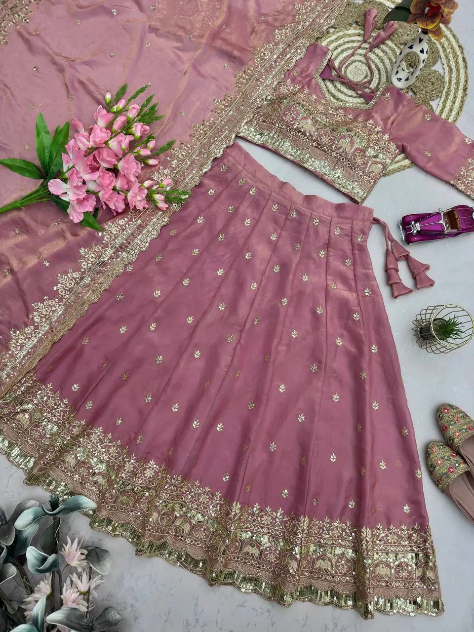 Two Tone Fandy Silk Embroidered Lehenga Choli Set for Wedding and Festive Wear