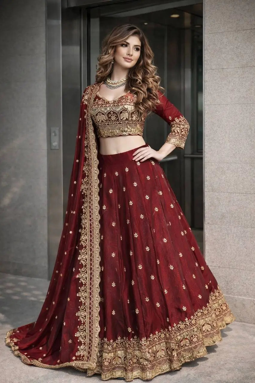 Two Tone Fandy Silk Embroidered Lehenga Choli Set for Wedding and Festive Wear