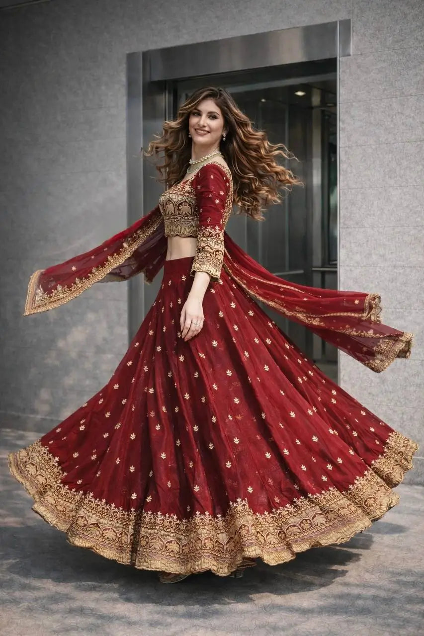 Two Tone Fandy Silk Embroidered Lehenga Choli Set for Wedding and Festive Wear