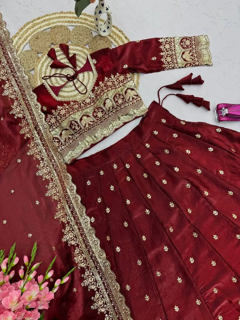 Two Tone Fandy Silk Embroidered Lehenga Choli Set for Wedding and Festive Wear