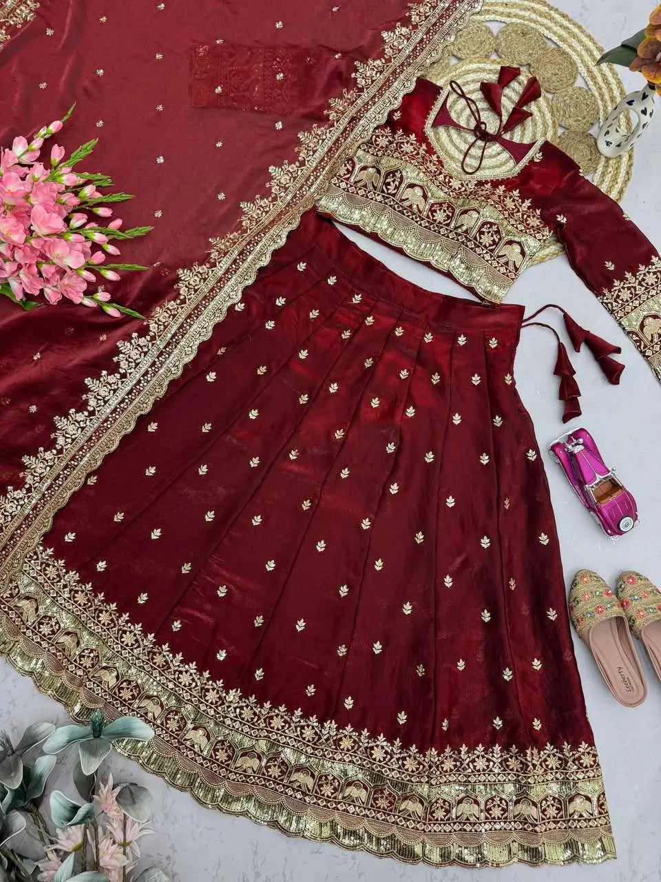 Two Tone Fandy Silk Embroidered Lehenga Choli Set for Wedding and Festive Wear
