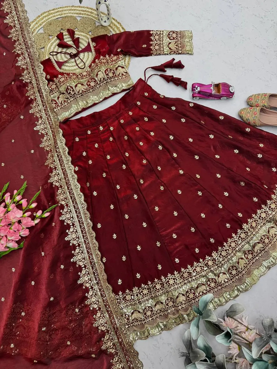 Two Tone Fandy Silk Embroidered Lehenga Choli Set for Wedding and Festive Wear