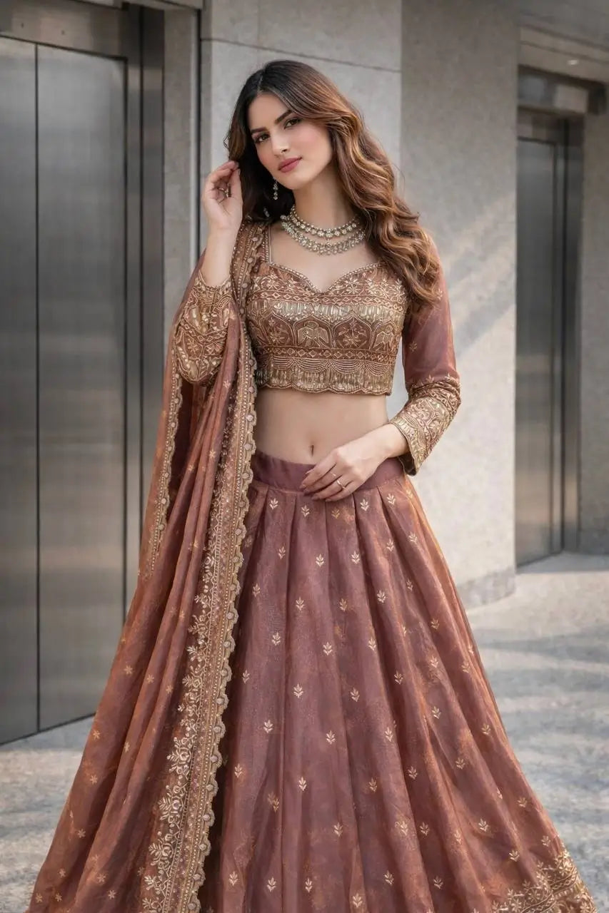 Two Tone Fandy Silk Embroidered Lehenga Choli Set for Wedding and Festive Wear