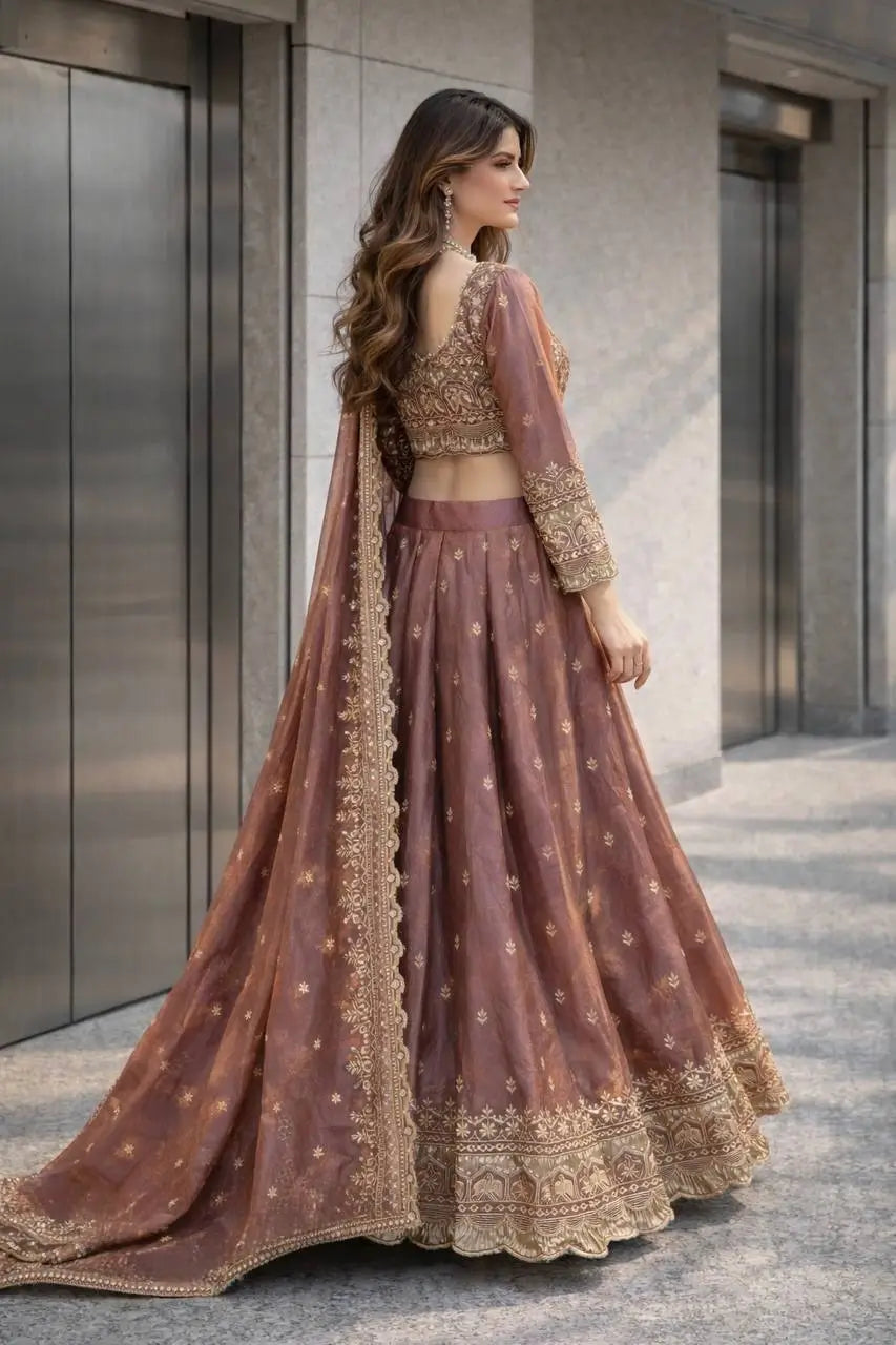 Two Tone Fandy Silk Embroidered Lehenga Choli Set for Wedding and Festive Wear