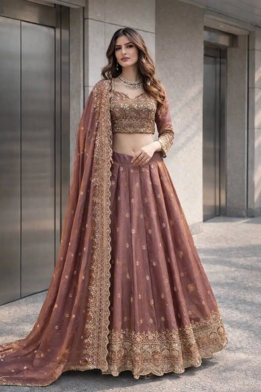 Two Tone Fandy Silk Embroidered Lehenga Choli Set for Wedding and Festive Wear