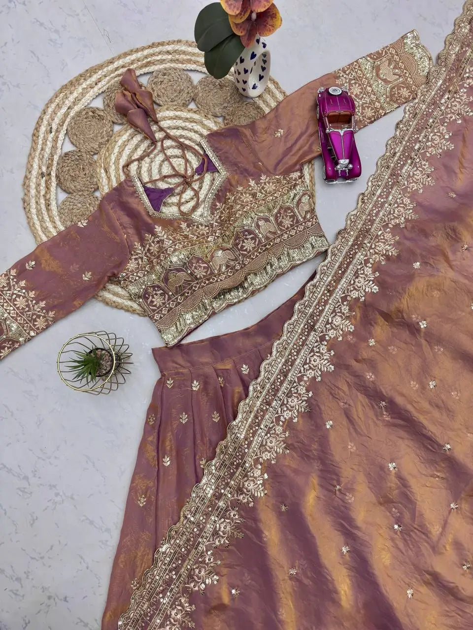 Two Tone Fandy Silk Embroidered Lehenga Choli Set for Wedding and Festive Wear